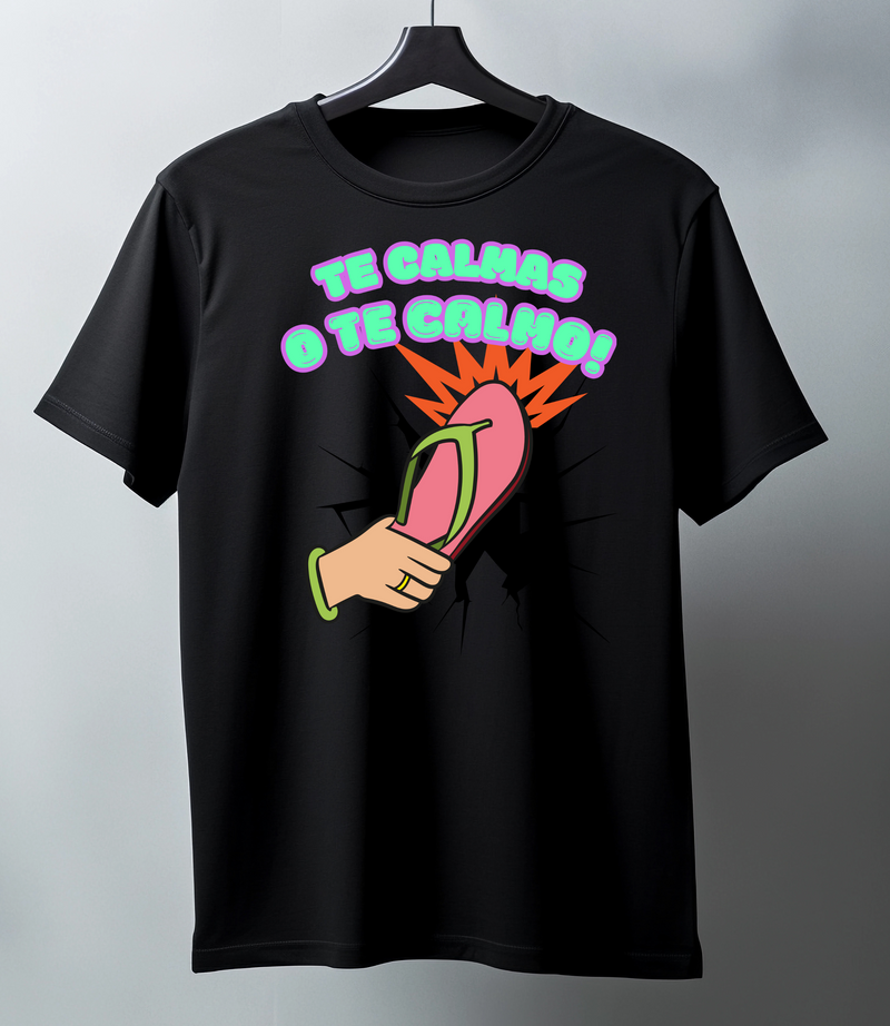 Black t-shirt with colorful graphic and text on a hanger against a gray background