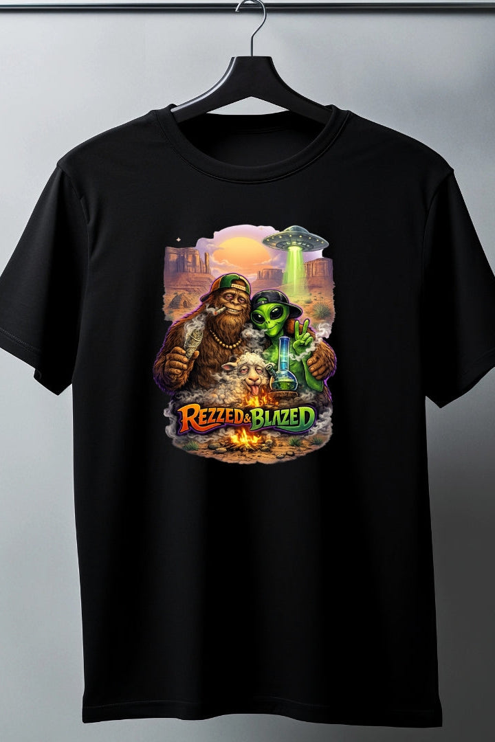 ezzed & Blazed T Shirt – Bigfoot, Alien & Campfire Chaos