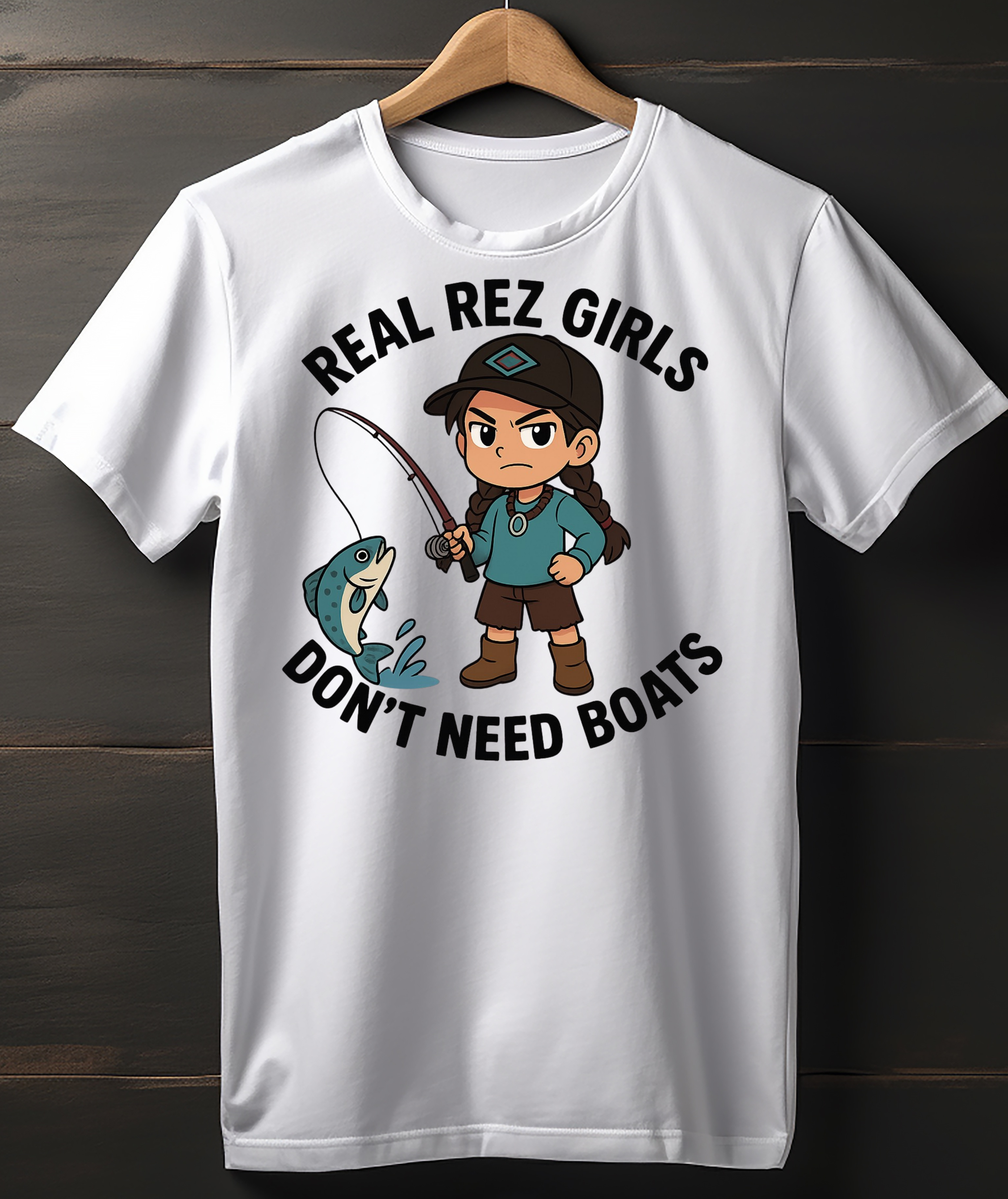 White t-shirt with graphic design and text on a wooden background