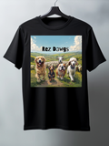 Black t-shirt with a graphic of dogs and 'Rez Dawgs' text on a hanger against a gray background