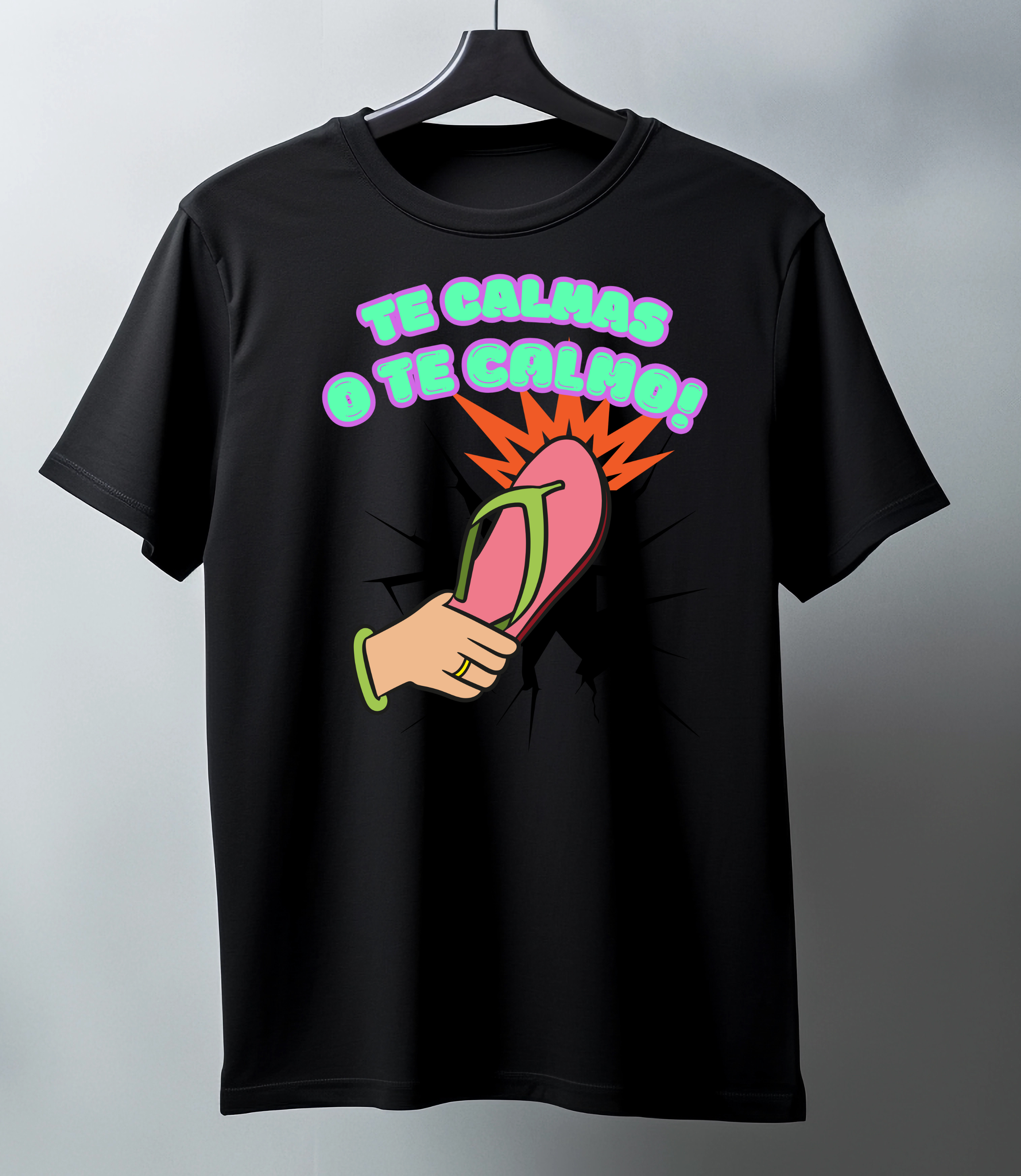 Black t-shirt with colorful graphic and text on a hanger against a gray background