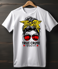 White t-shirt with graphic design of a woman with sunglasses and text on a wooden hanger.