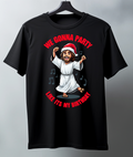 Black t-shirt with a graphic design of a Jesus in a Santa hat and text on a gray background
