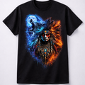 Black t-shirt with a colorful graphic of a Native American chief and wolf on a white background