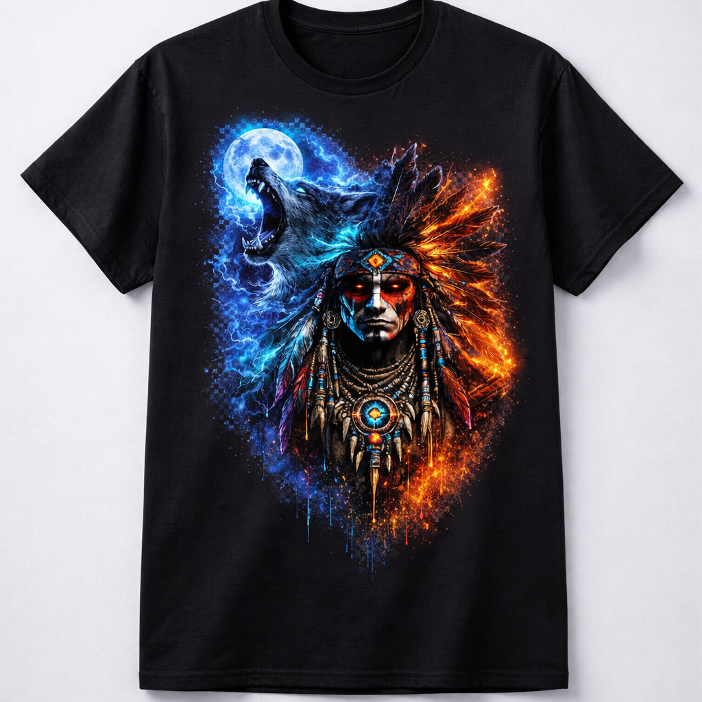 Black t-shirt with a colorful graphic of a Native American chief and wolf on a white background